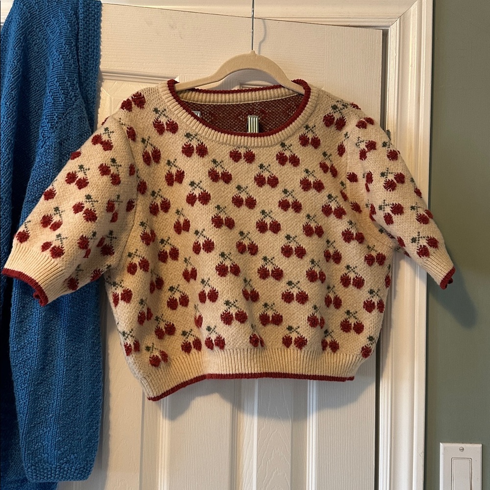 Cider Contrasting Binding Cherry Pattern Knitted Crop Top Sweater - Size 1X